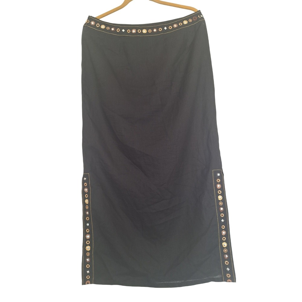 Richard Malcolm Black Embroidered Linen‎ Blend Pencil Skirt Women's Size 12 - Picture 4 of 8
